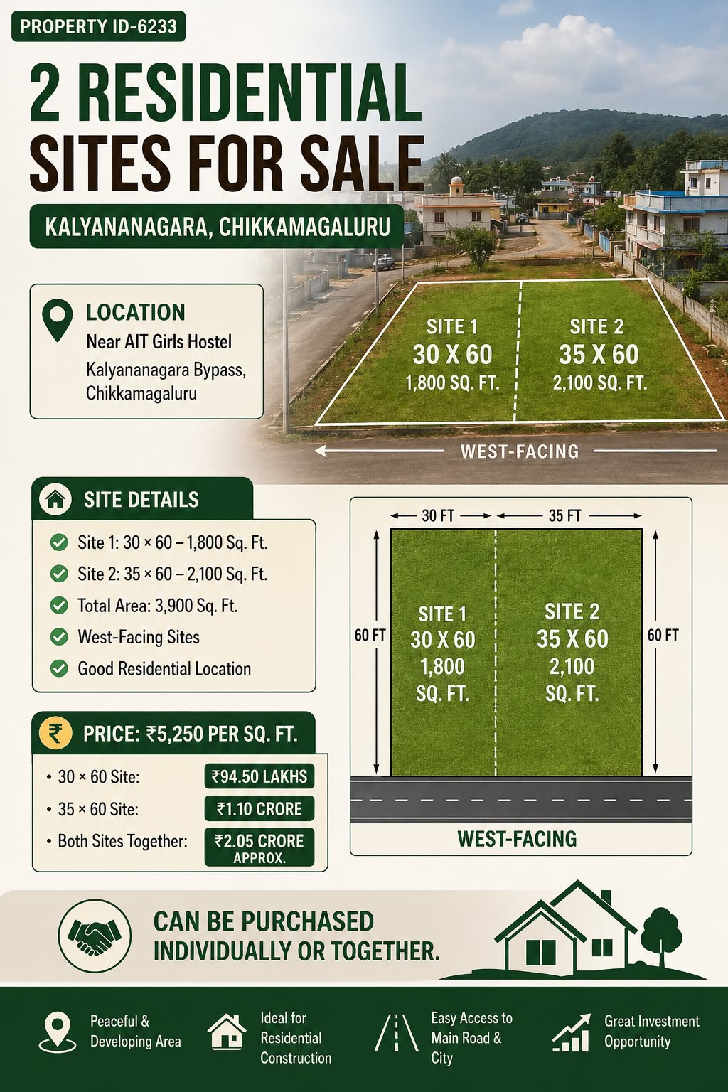 *property Id-6233* 🏡 *2 Residential Sites for Sale – Kalyananagara, Chikkamagaluru